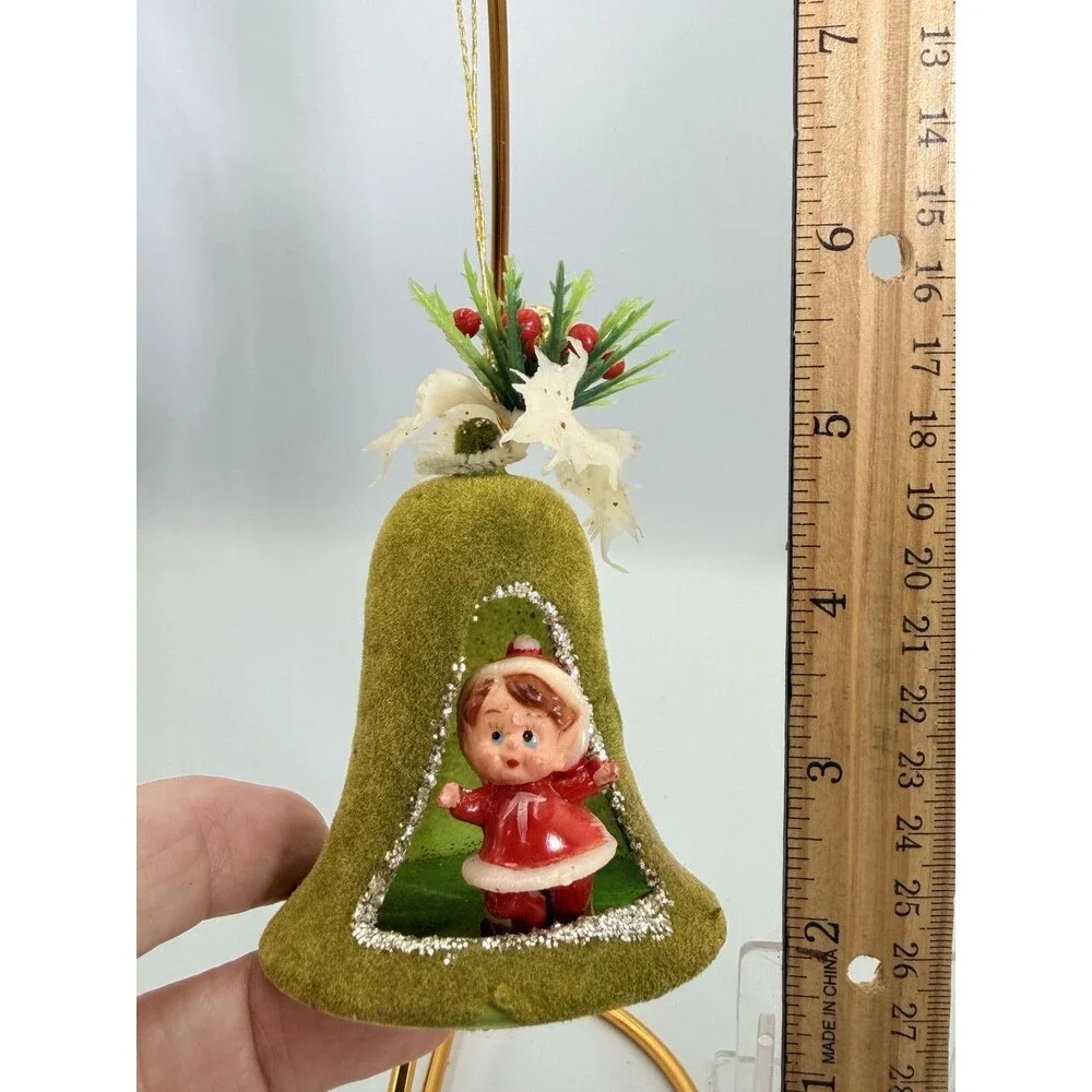 Vintage Flocked Green Bell Christmas Ornament Diorama Elf MCM + Bonus Stickers
